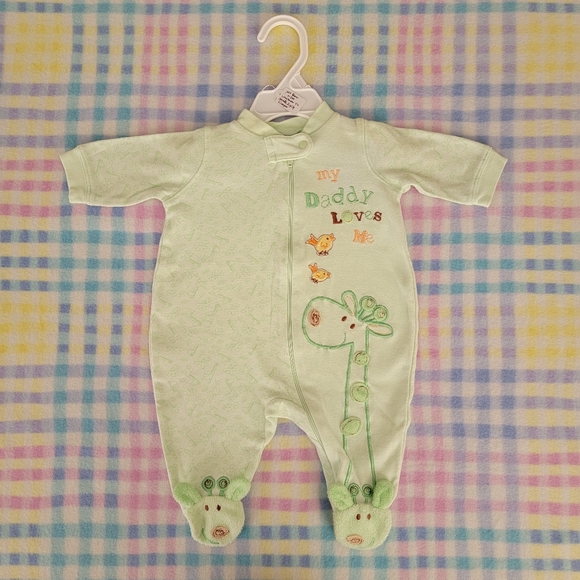 JUST BORN ♡ Green|Brown Giraffe Birdies MY DADDY LOVES ME Zip Footie Outfit 0-3M - Picture 4 of 15